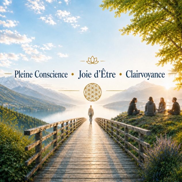 Pleine Conscience, Joie d'Être, Clairvoyance. un pont, un lac, un groupe de personne sur l'herbe.
