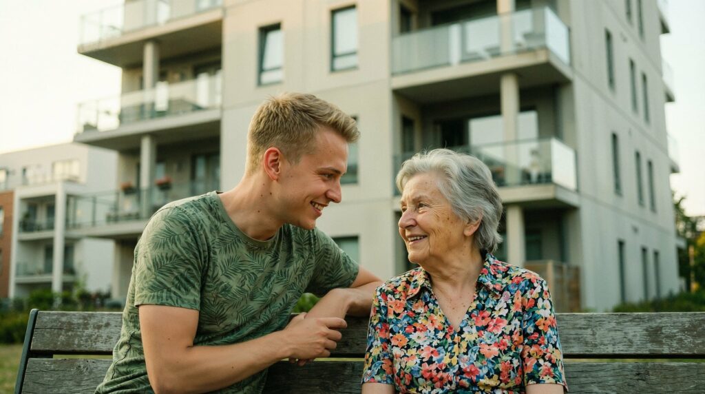 Une personne âgée et un jeune homme échangent avec le sourire