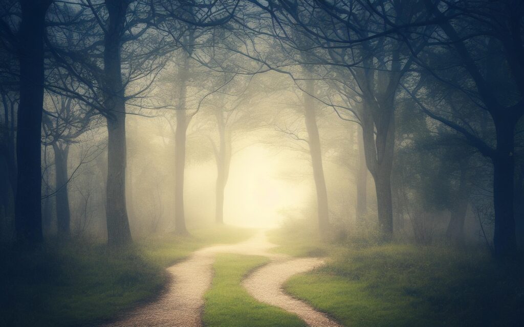 Chemin traversant une forêt brumeuse, symbole de recherche de direction et de progression intérieure. Image par Joe de Pixabay